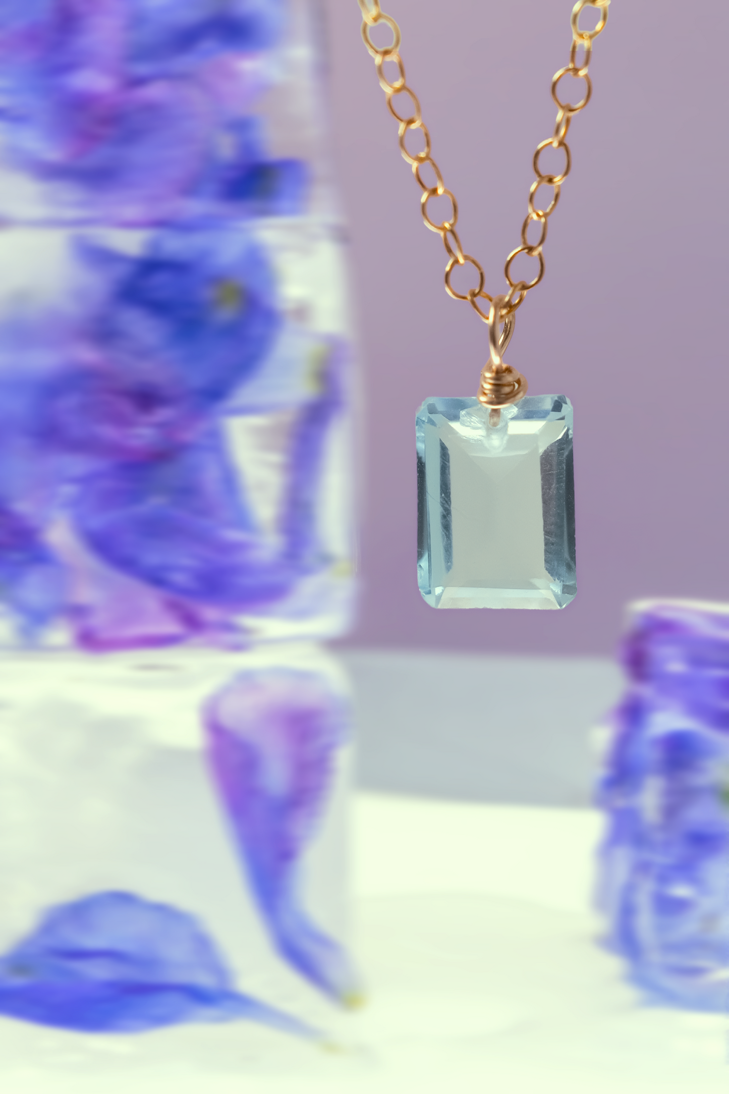 Floating Gem Blue Topaz Emerald Cut 14K Gold-Filled Necklace