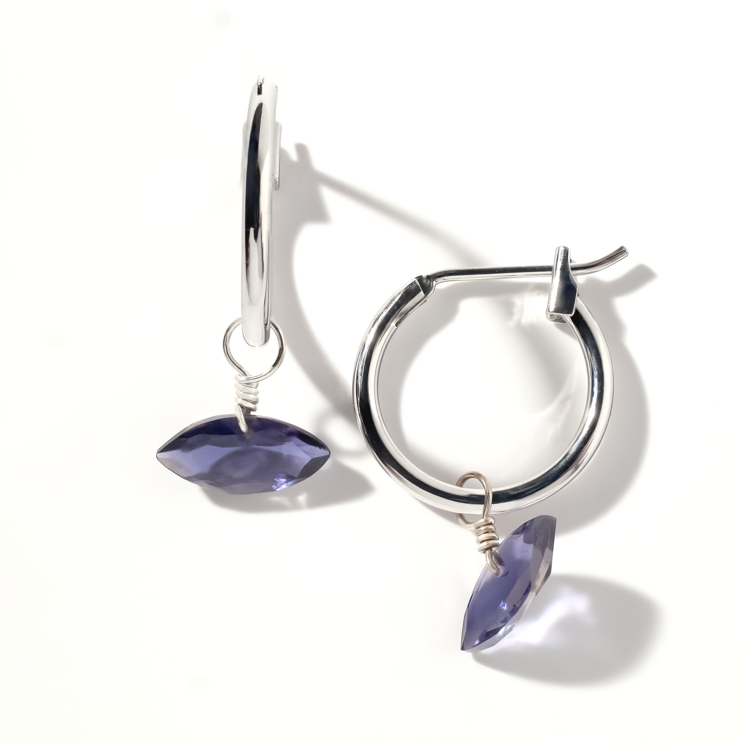 Iolite Marquise Cut Rhodium Hoop Earrings
