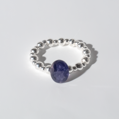 Iolite Oval Cut Sterling Silver Beaded Stretch Cocktail Ring