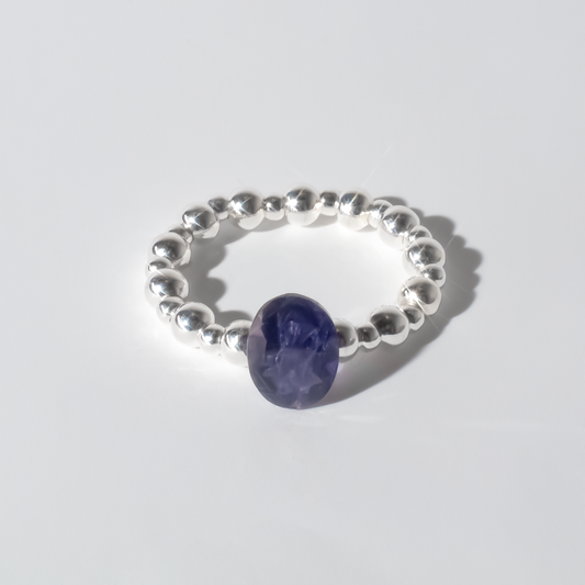 Iolite Oval Cut Sterling Silver Beaded Stretch Cocktail Ring