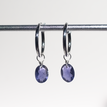 Iolite Oval Cut Rhodium Hoop Earrings