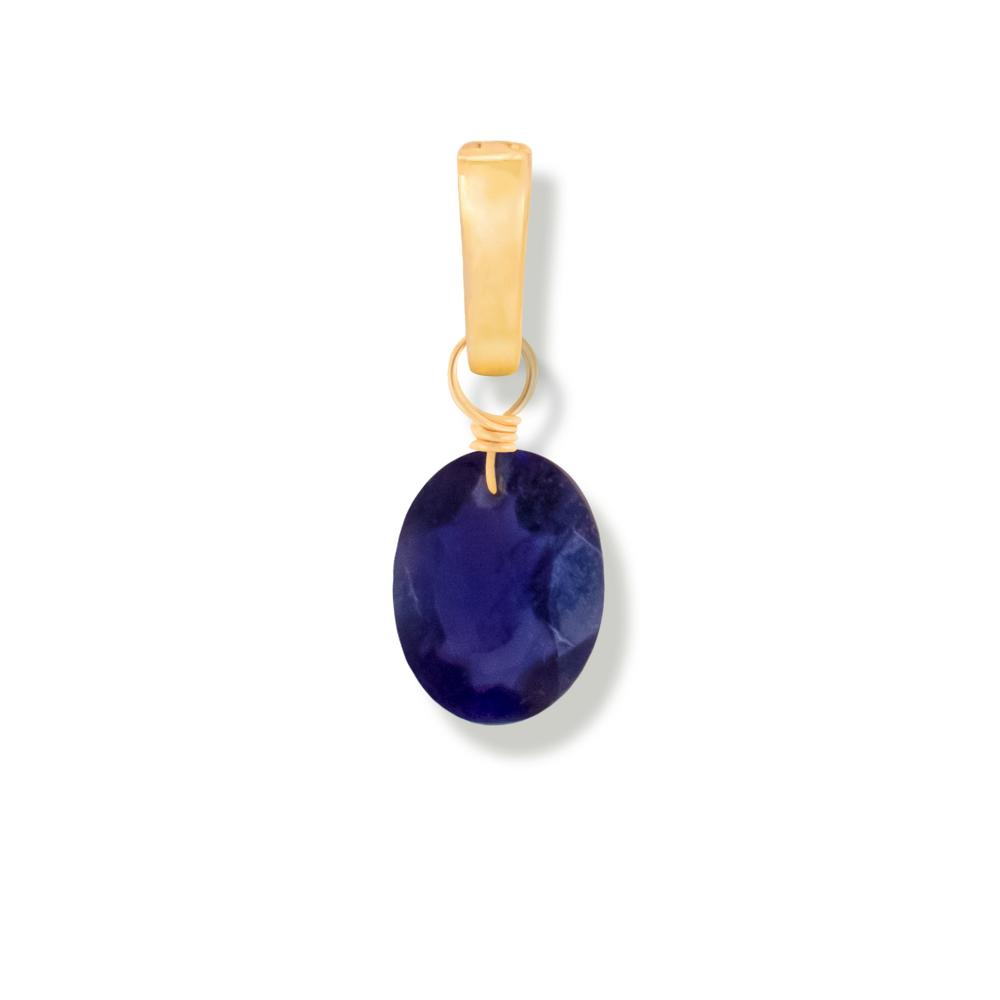 Gold pendant with a iolite oval cut gemstone on a white background