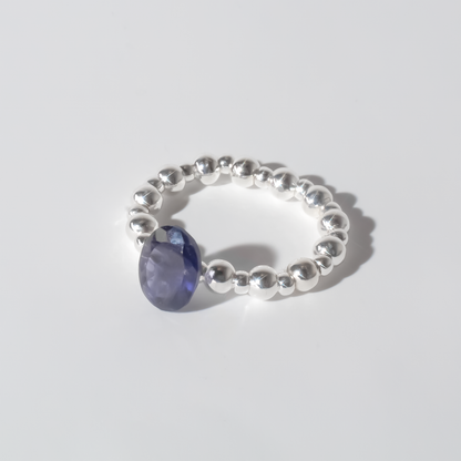 Iolite Oval Cut Sterling Silver Beaded Stretch Cocktail Ring