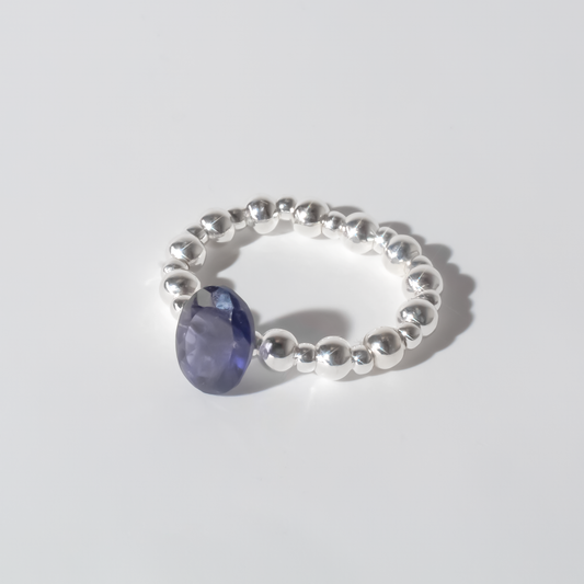 Iolite Oval Cut Sterling Silver Beaded Stretch Cocktail Ring