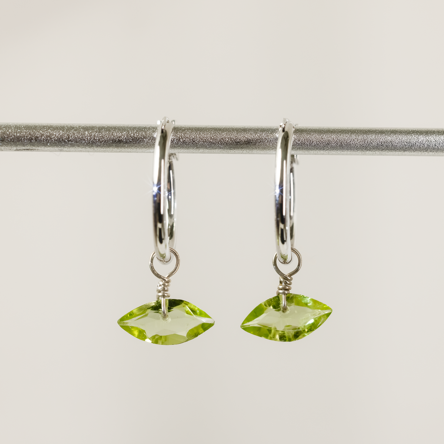 Peridot Marquise Cut Rhodium Hoop Earrings