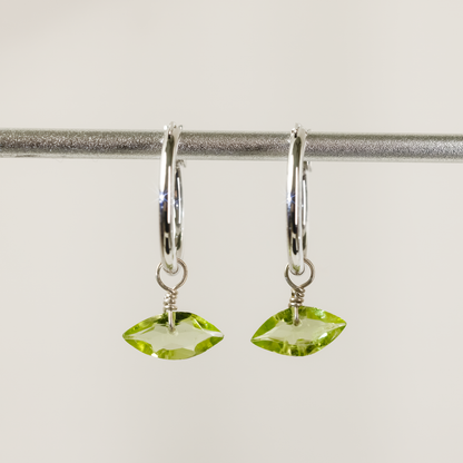 Peridot Marquise Cut Rhodium Hoop Earrings