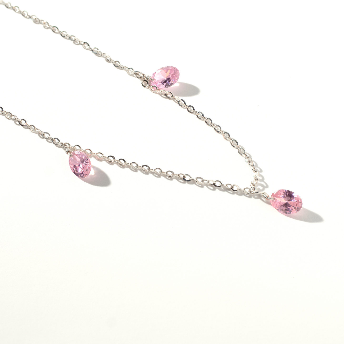 Pink Topaz 3 Station Sterling Silver Necklace