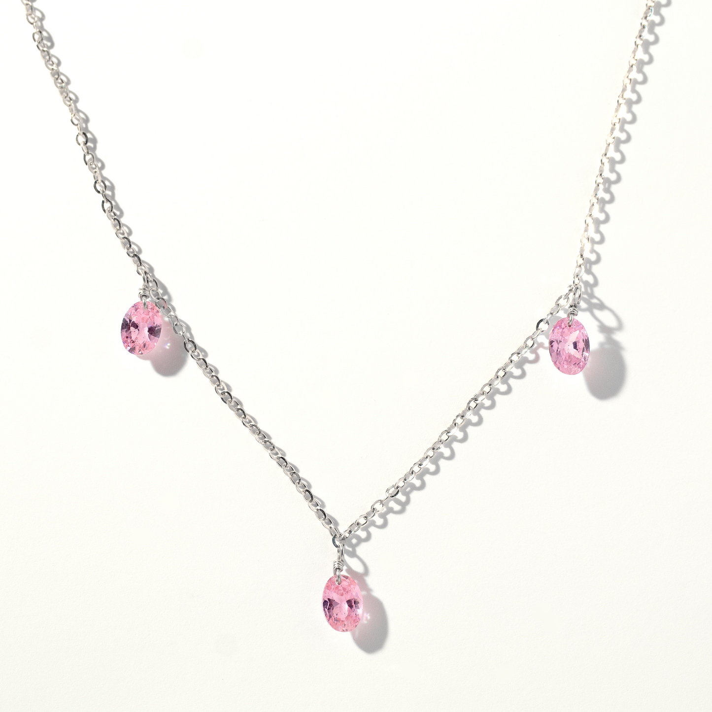 Pink Topaz 3 Station Sterling Silver Necklace