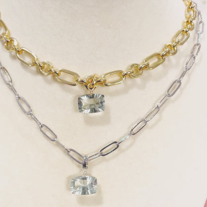 Green Amethyst East West Rectangle Cut Sterling Silver-Filled Duet Charm