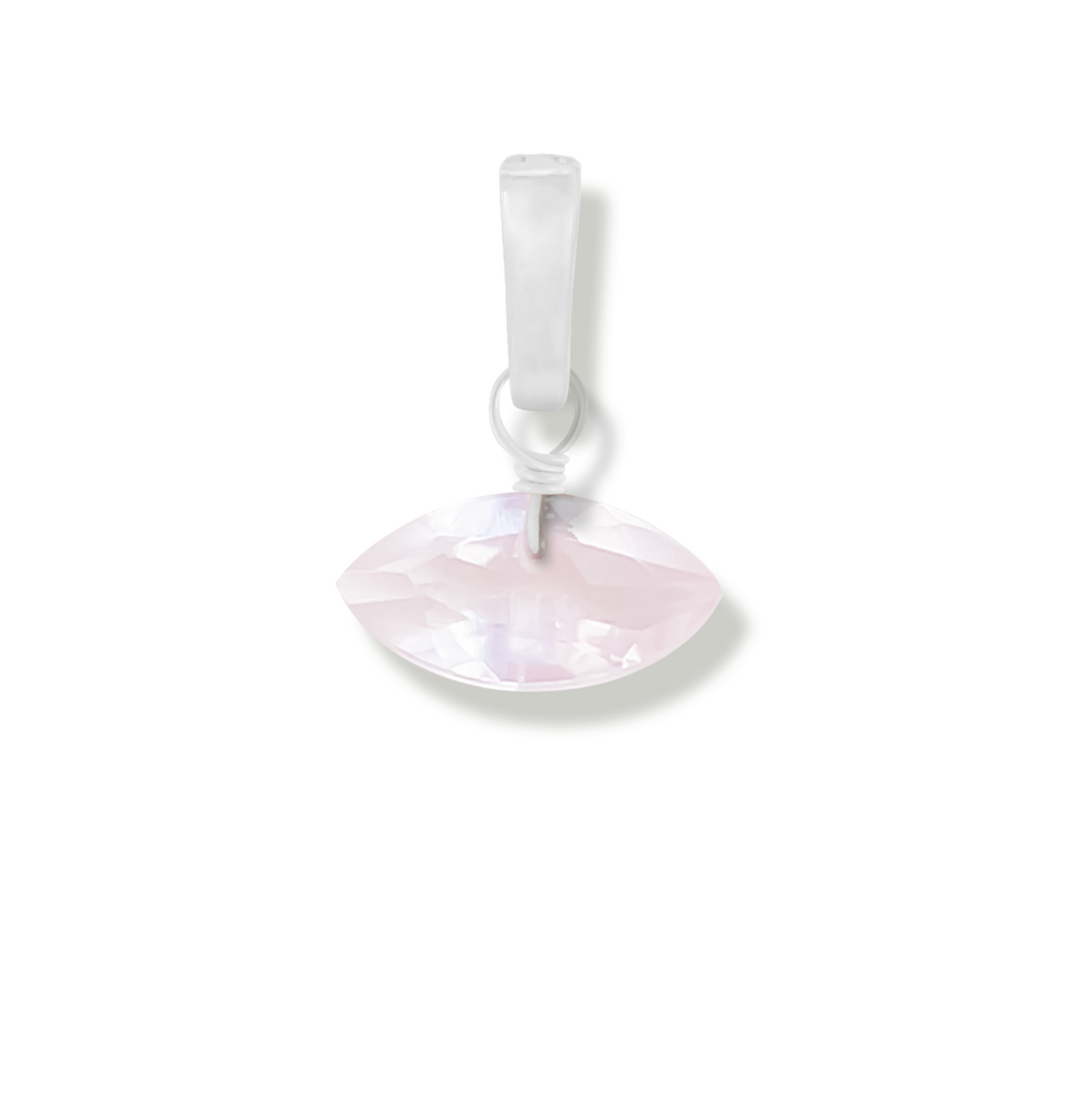 rose quartz marquise cut charm on white background.