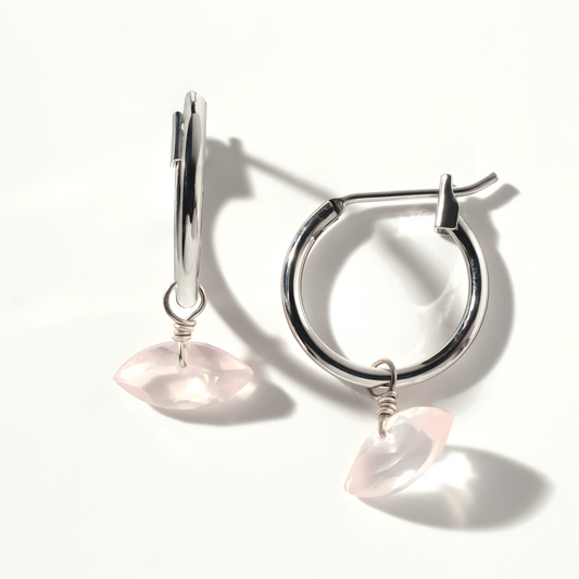 Rose Quartz Marquise Cut Rhodium Hoop Earrings