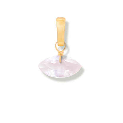 Gold ring with a rose quartz marquise cut gemstone on a white background