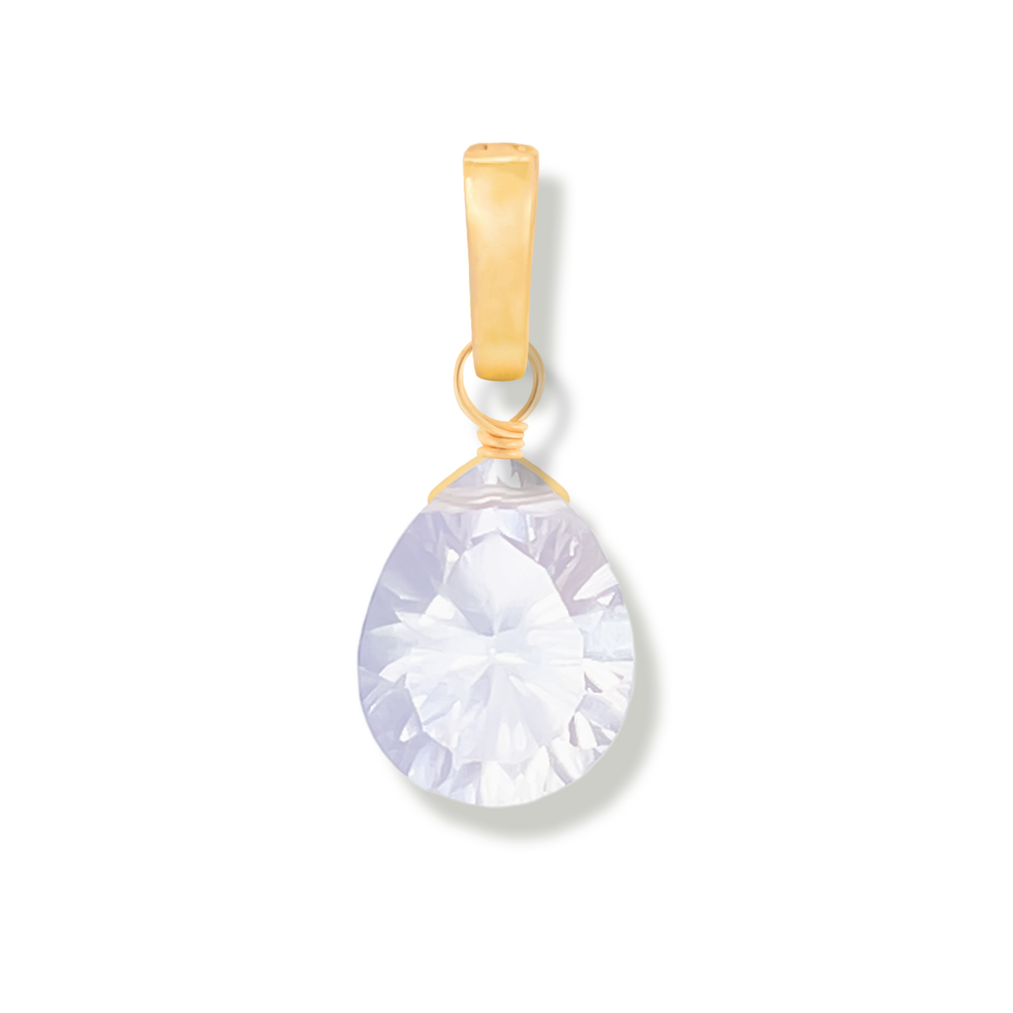 Gold pendant with a rose quartz pear cut gemstone on a white background