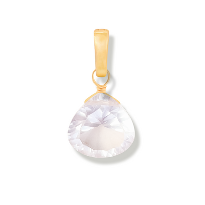 Gold pendant with a rose quartz teardrop-shaped gemstone on a white background