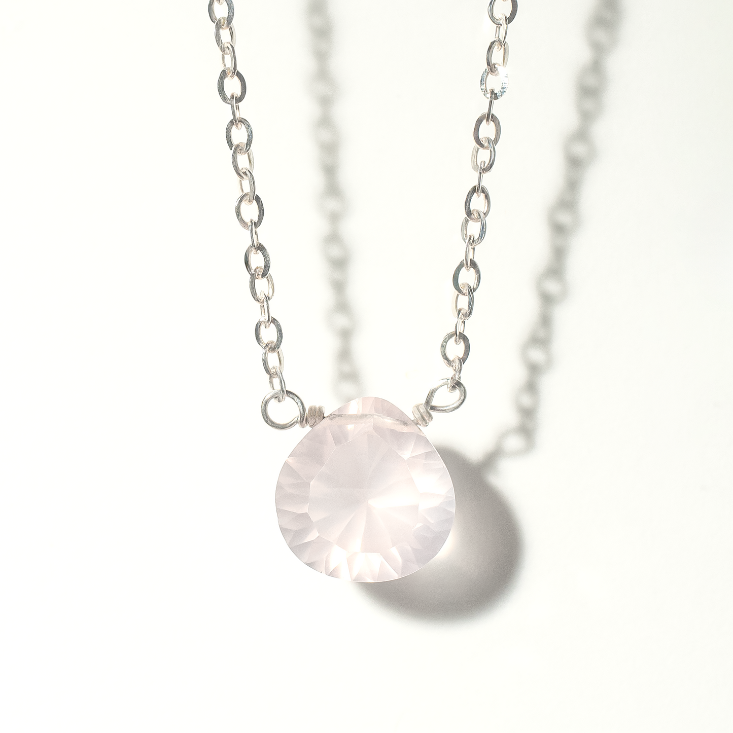 Floating Gem Rose Quartz Teardrop Cut Sterling Silver Necklace
