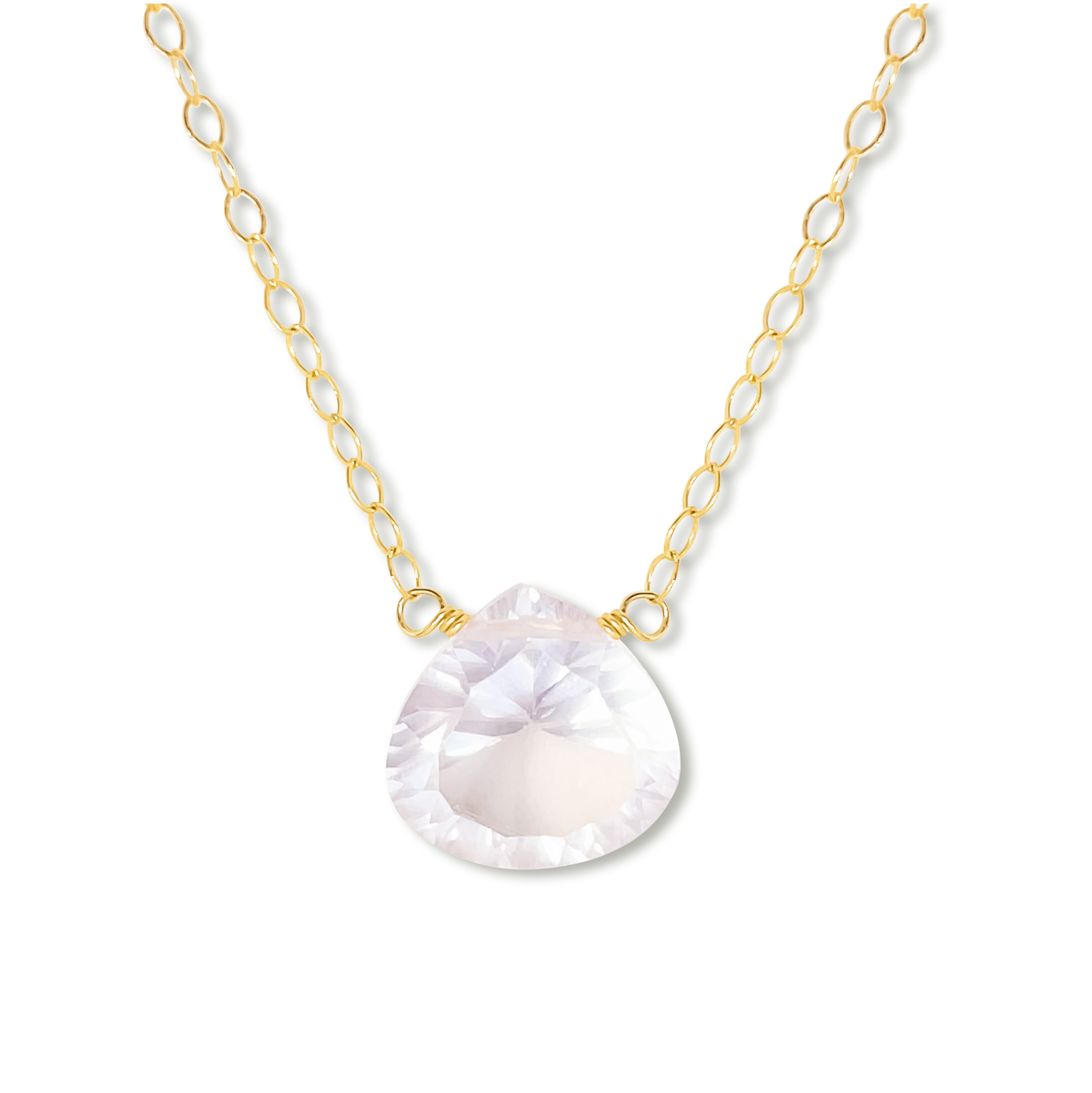 A delicate pendant necklace with a teardrop-shaped rose quartz stone  suspended from a 14k gold-filled chain.