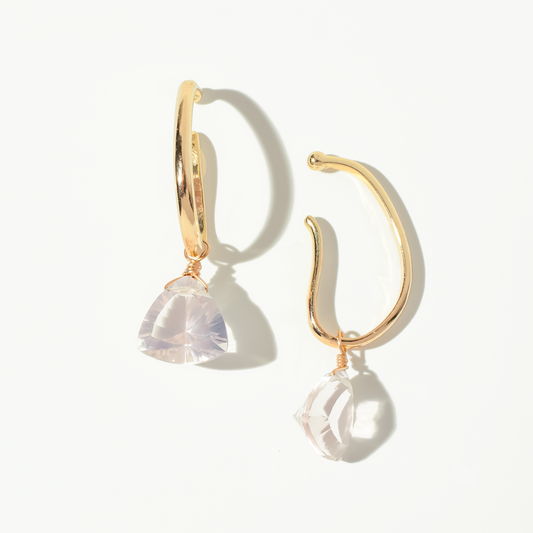 Rose Quartz Trillion Cut 14K Gold Ear Cuffs