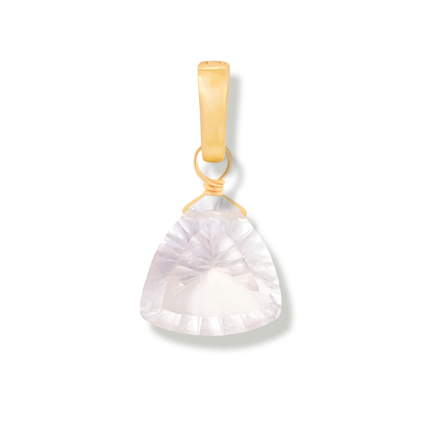 Gold pendant with a rose quartz trillion cut gemstone on a white background