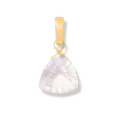 Gold pendant with a rose quartz trillion cut gemstone on a white background