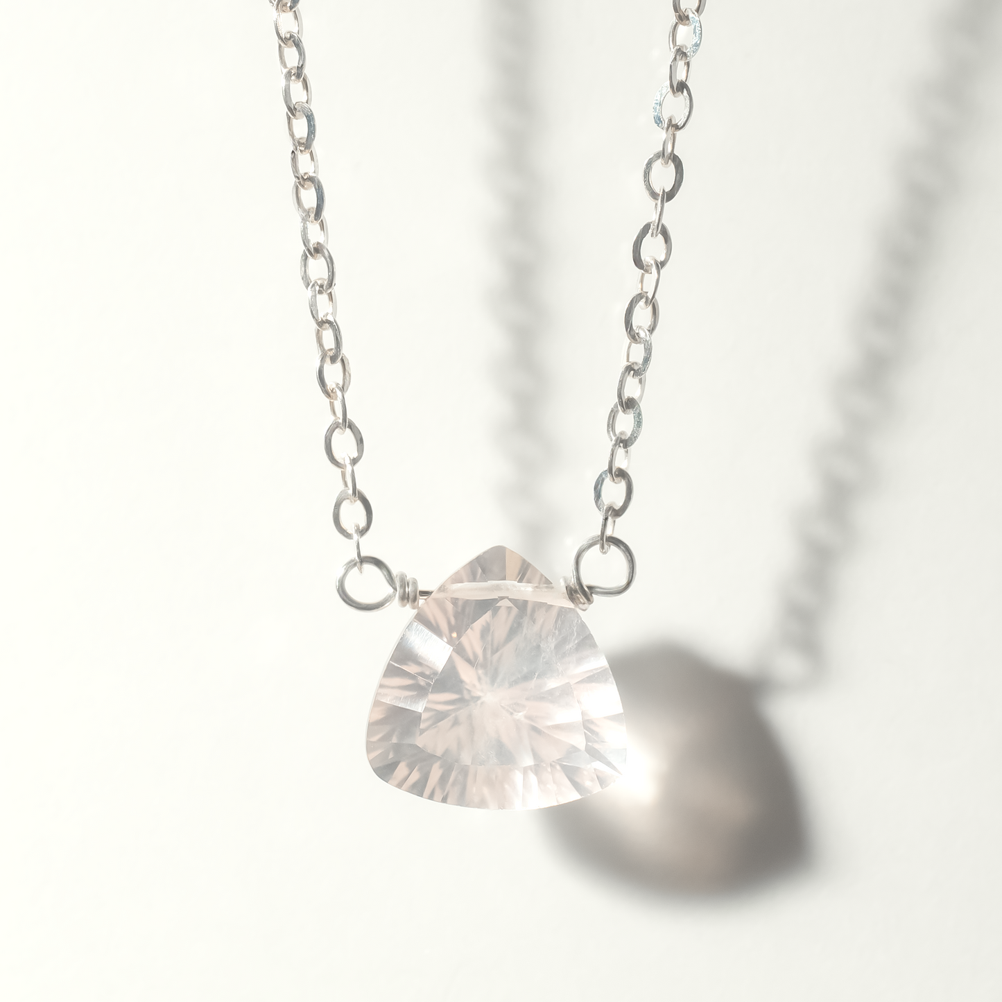Floating Gem Rose Quartz Trillion Cut Sterling Silver Necklace