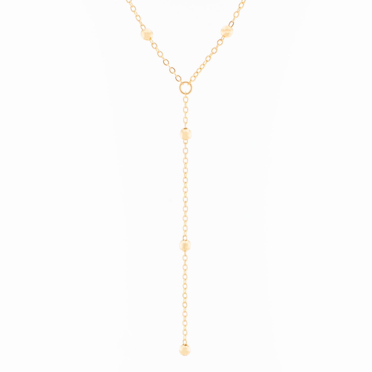 A gold-filled chain lariat necklace with beads, displayed against a white background.