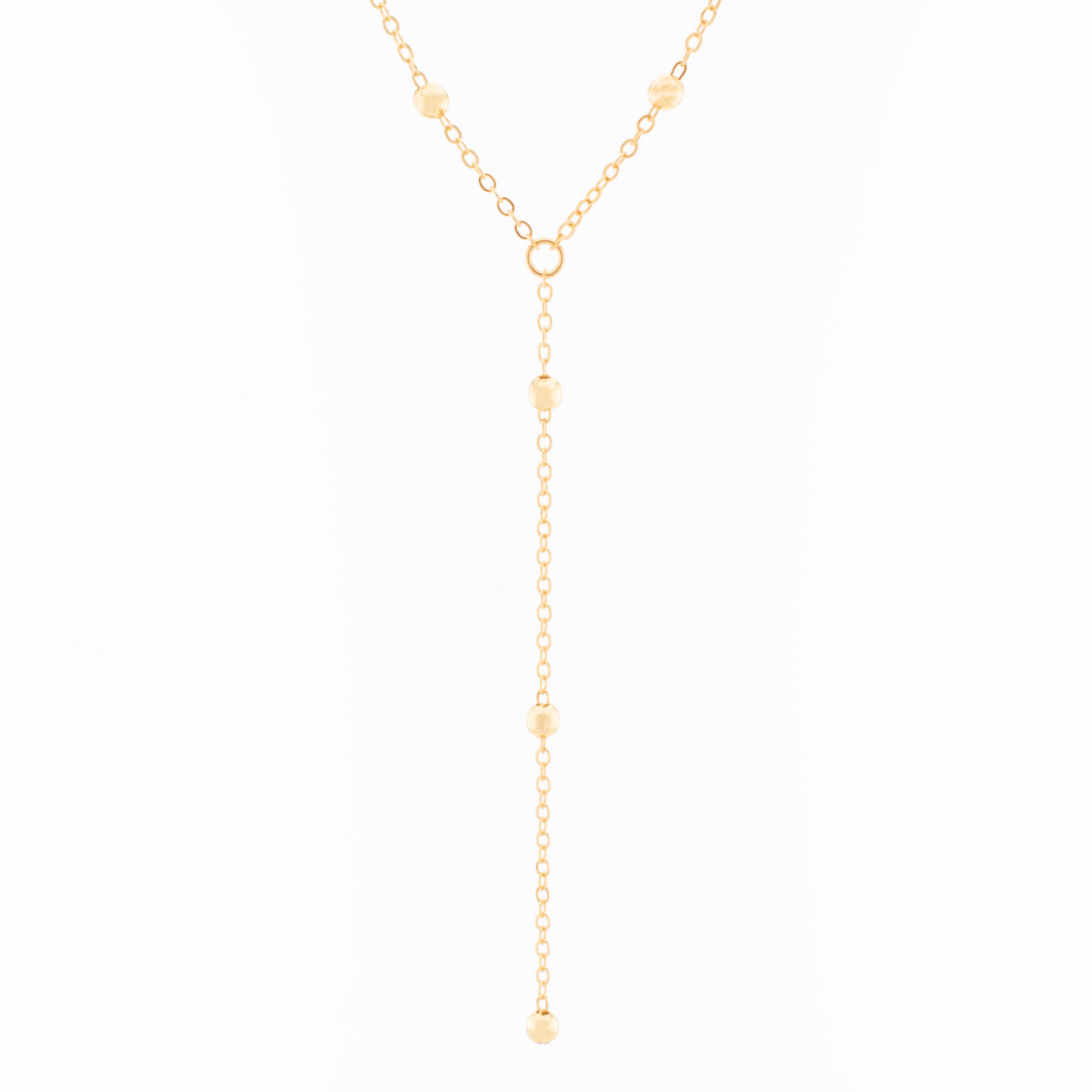 A gold-filled chain lariat necklace with beads, displayed against a white background.