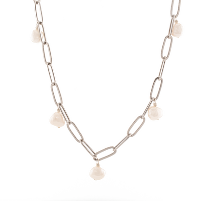 A silver-filled paperclip chain necklace with baroque freshwater pearl stations, displayed against a white background.
