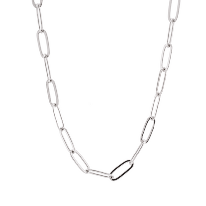 Silver paperclip chain necklace on a white background