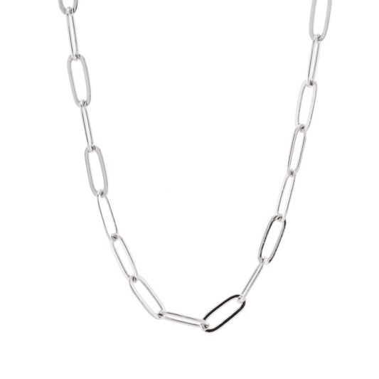 Silver paperclip chain necklace on a white background