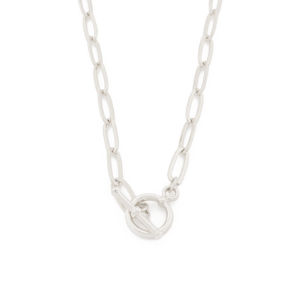 sterling silver-filled paperclip chain necklace with toggle clasp on a white background.