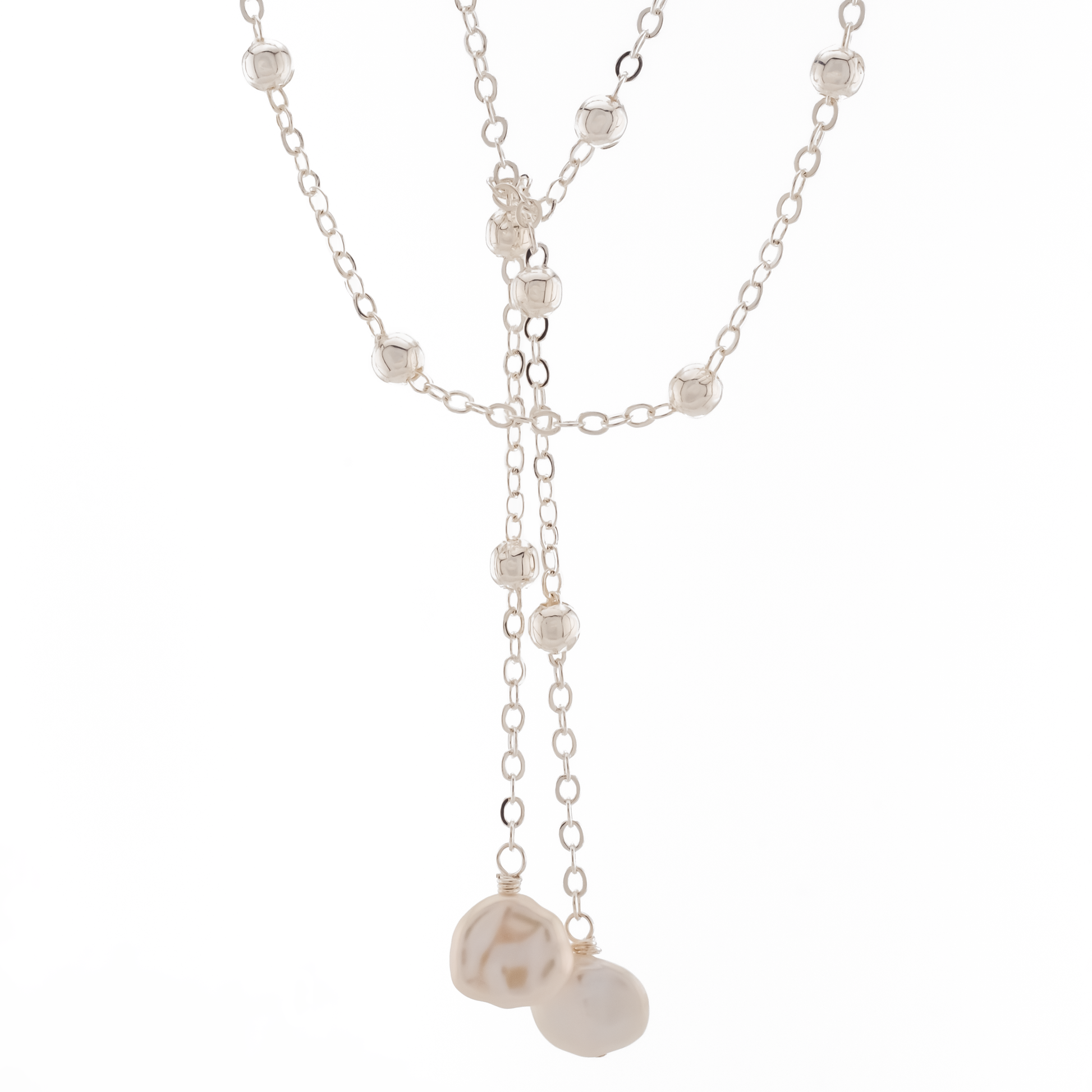 sterling silver over brass satellite chain wrap necklace with keishi pearl drops on a white background.